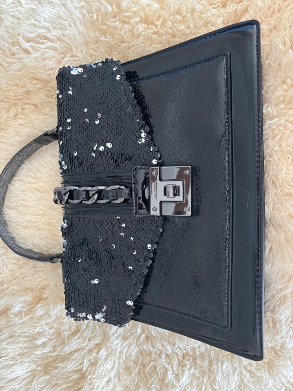 NWOT Aldo Black Sequin & Patent Top-Handle Shoulder Bag with Silver Hardware